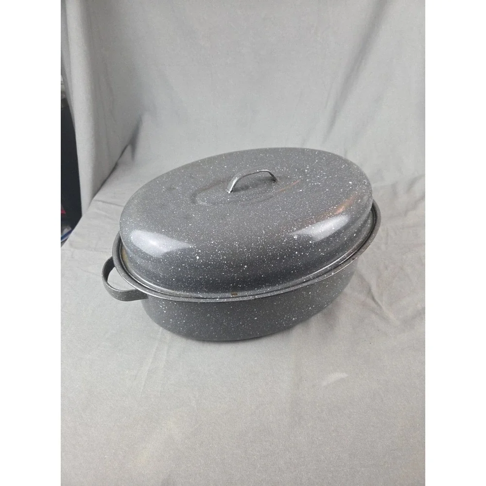 Enamelware Roaster Gray Speckled Oval USA Large 16.5